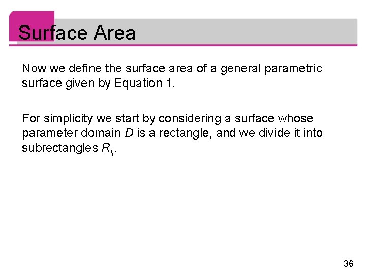 Surface Area Now we define the surface area of a general parametric surface given