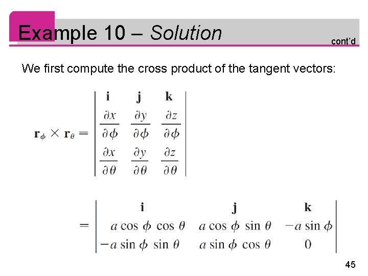 Example 10 – Solution cont’d We first compute the cross product of the tangent