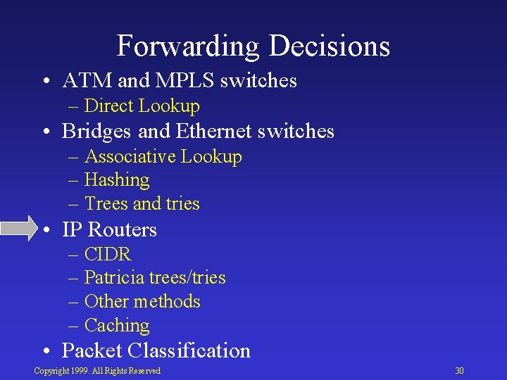 Forwarding Decisions • ATM and MPLS switches – Direct Lookup • Bridges and Ethernet
