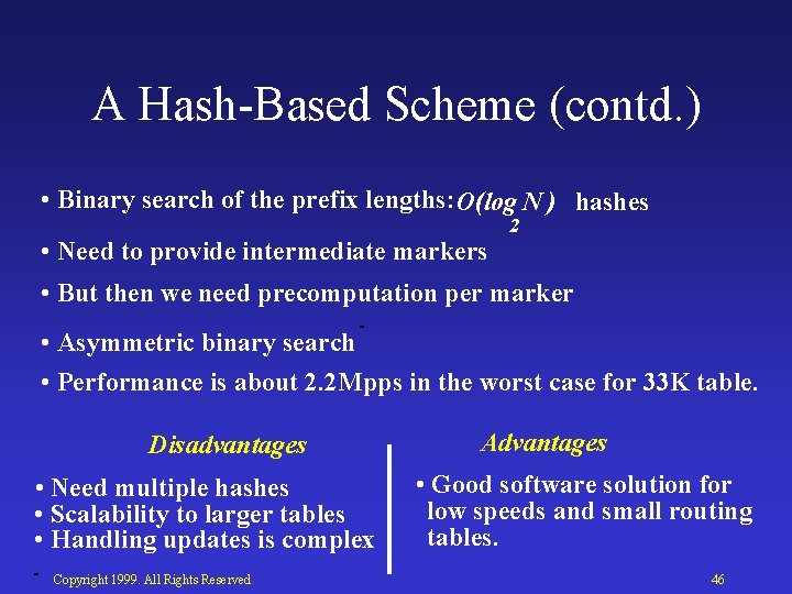 A Hash Based Scheme (contd. ) • Binary search of the prefix lengths: O(log