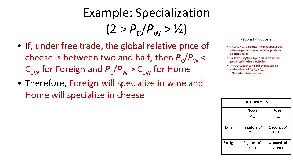 Example: Specialization (2 > PC/PW > ½) • If, under free trade, the global