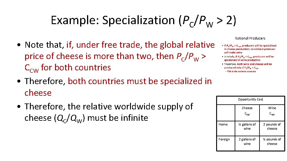 Example: Specialization (PC/PW > 2) • Note that, if, under free trade, the global