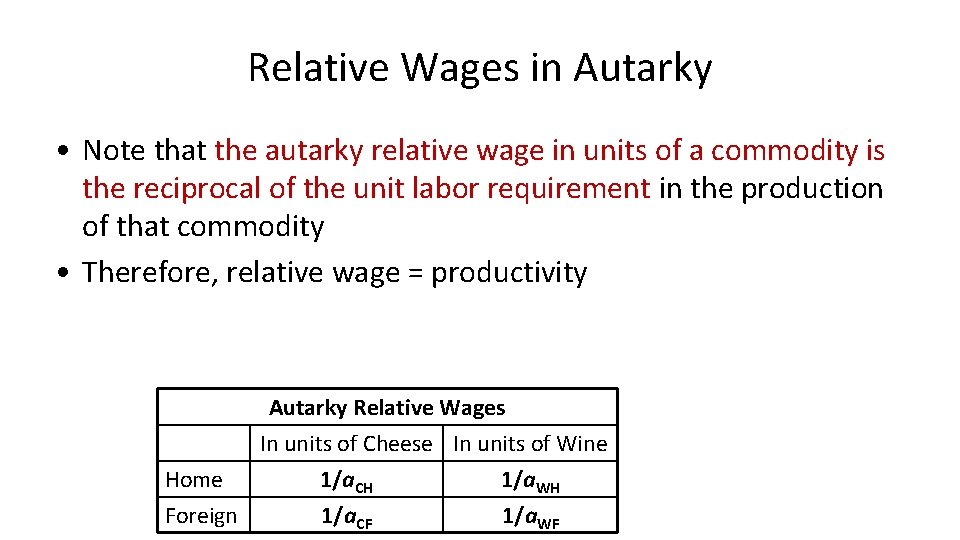 Relative Wages in Autarky • Note that the autarky relative wage in units of