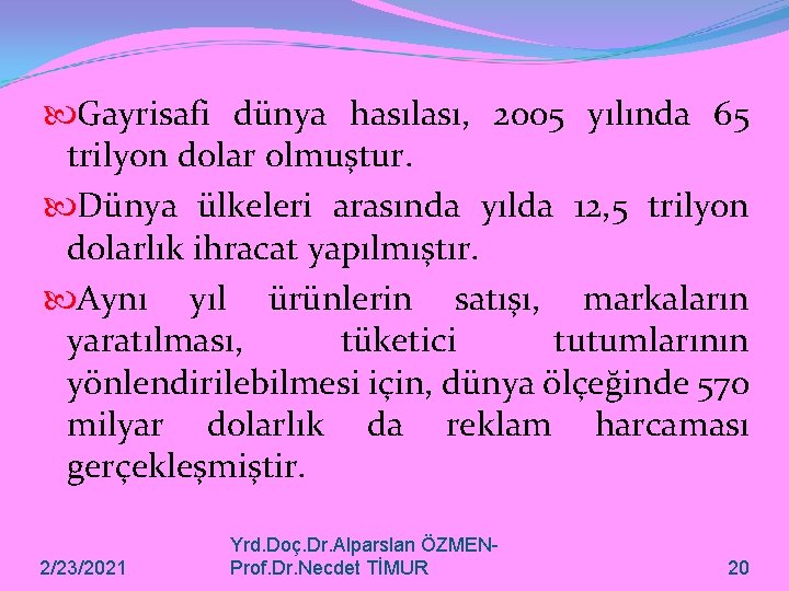  Gayrisafi dünya hasılası, 2005 yılında 65 trilyon dolar olmuştur. Dünya ülkeleri arasında yılda