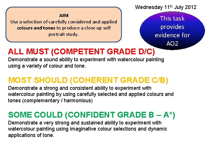 Wednesday 11 th July 2012 AIM Use a selection of carefully considered and applied