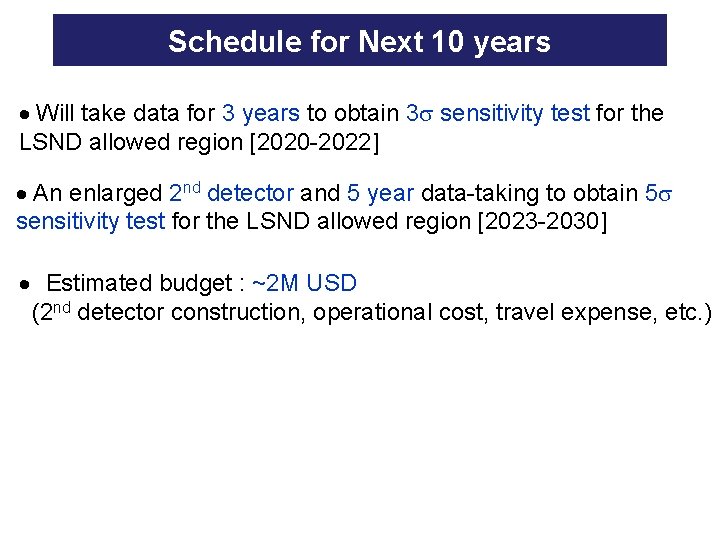 Schedule for Next 10 years Will take data for 3 years to obtain 3