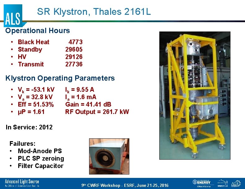 SR Klystron, Thales 2161 L Operational Hours • • Black Heat Standby HV Transmit