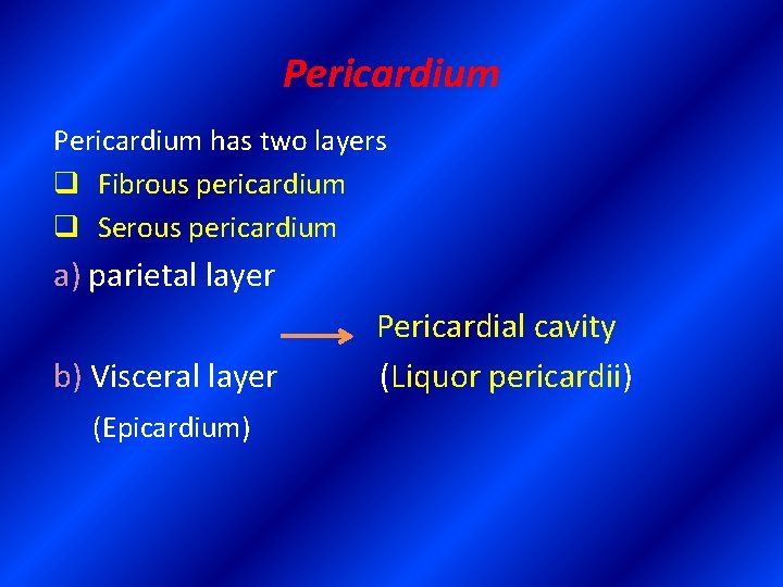 Pericardium has two layers q Fibrous pericardium q Serous pericardium a) parietal layer b)