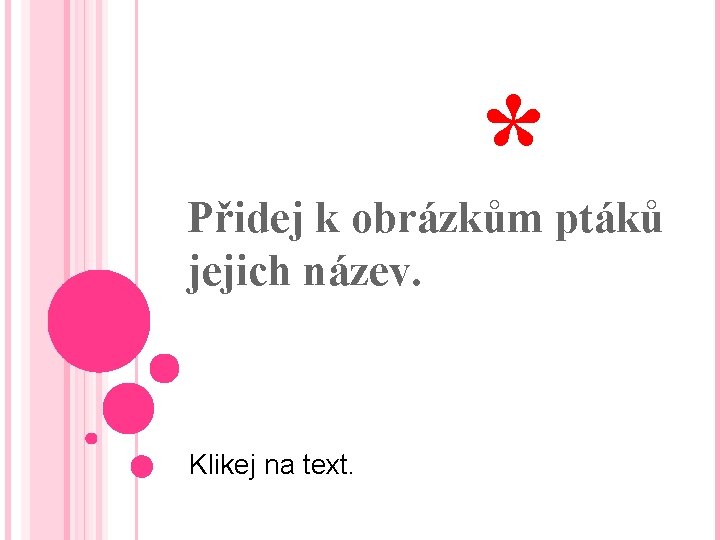 * Přidej k obrázkům ptáků jejich název. Klikej na text. 