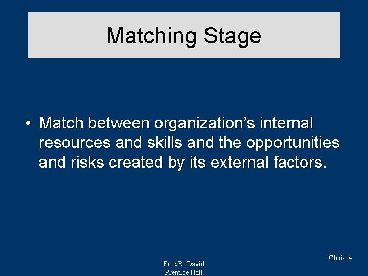 Matching Stage • Match between organization’s internal resources and skills and the opportunities and