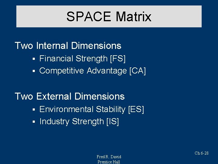 SPACE Matrix Two Internal Dimensions Financial Strength [FS] § Competitive Advantage [CA] § Two