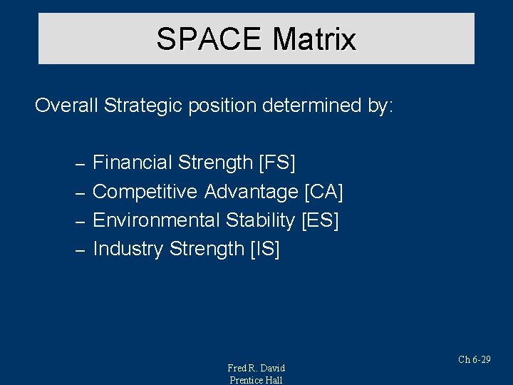 SPACE Matrix Overall Strategic position determined by: Financial Strength [FS] – Competitive Advantage [CA]