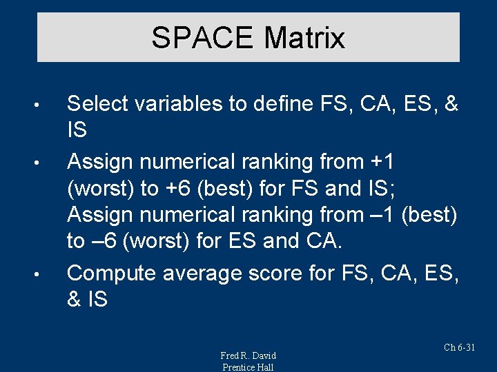 SPACE Matrix • • • Select variables to define FS, CA, ES, & IS