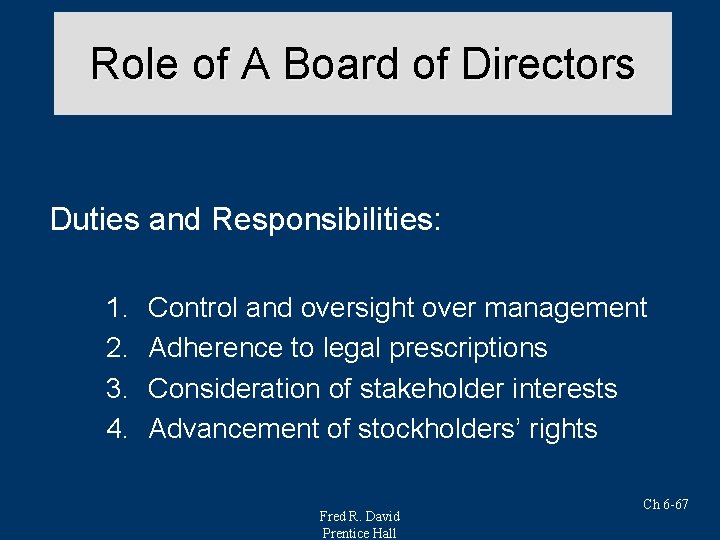 Role of A Board of Directors Duties and Responsibilities: 1. 2. 3. 4. Control