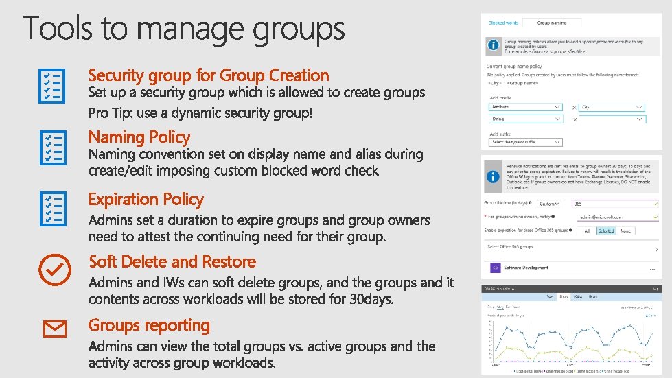 Security group for Group Creation Naming Policy Expiration Policy Soft Delete and Restore Groups