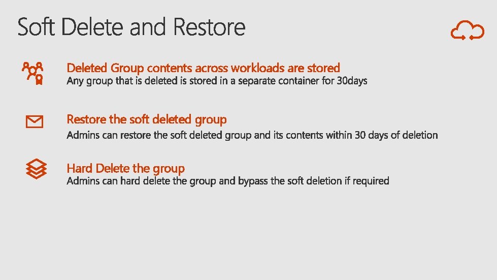 Deleted Group contents across workloads are stored Restore the soft deleted group Hard Delete