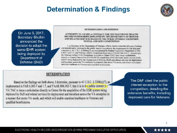 Determination & Findings 4 ELECTRONIC HEALTH RECORD MODERNIZATION (EHRM) PROGRAM EXECUTIVE OFFICE (PEO) 