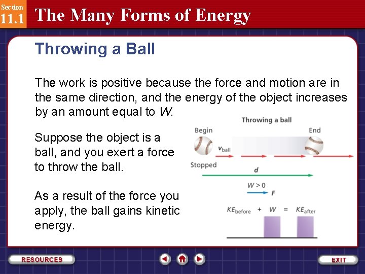 Section 11. 1 The Many Forms of Energy Throwing a Ball The work is