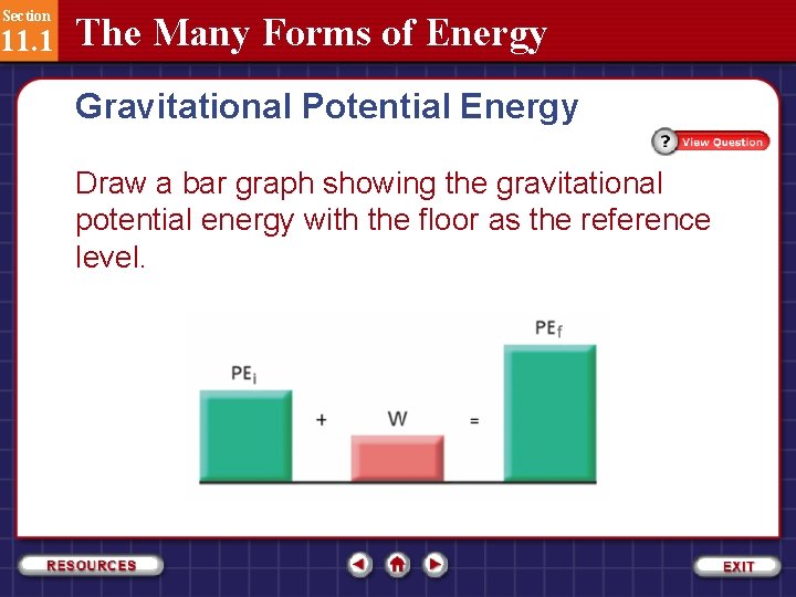 Section 11. 1 The Many Forms of Energy Gravitational Potential Energy Draw a bar
