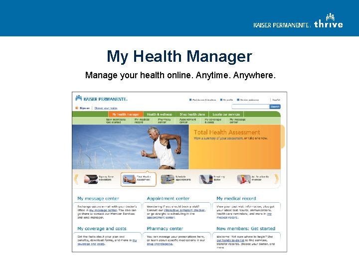 My Health Manager Manage your health online. Anytime. Anywhere. 