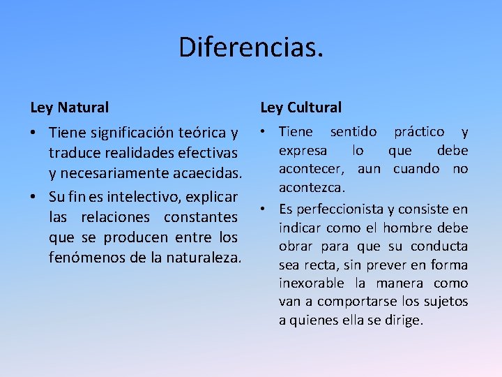 Diferencias. Ley Natural Ley Cultural • Tiene significación teórica y • Tiene sentido práctico Diferencias. Ley Natural Ley Cultural • Tiene significación teórica y • Tiene sentido práctico