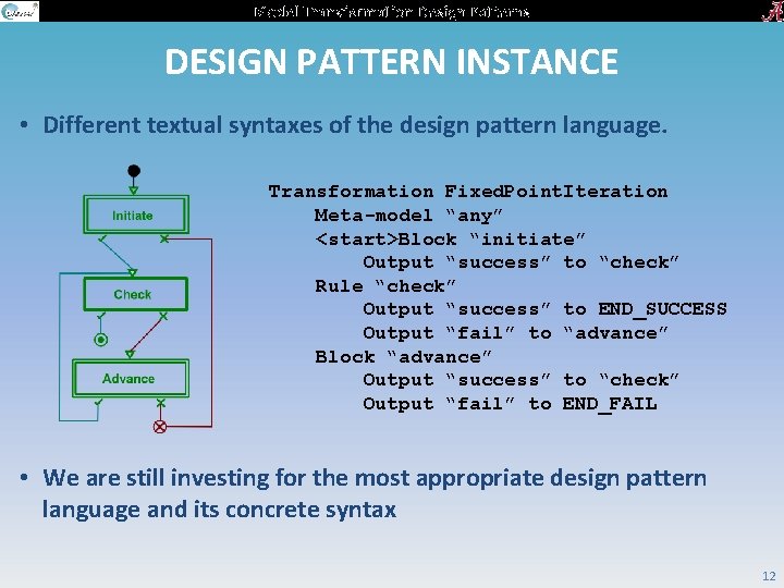 Model Transformation Design Patterns DESIGN PATTERN INSTANCE • Different textual syntaxes of the design