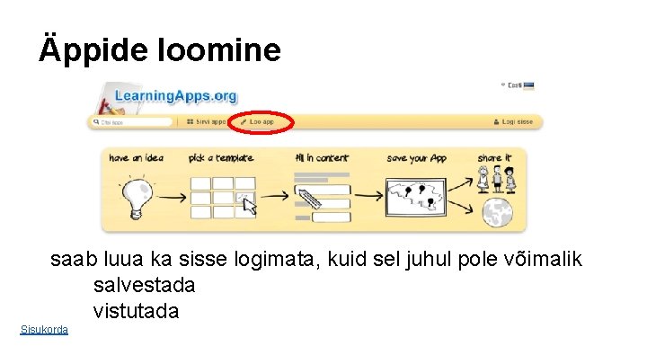 Äppide loomine saab luua ka sisse logimata, kuid sel juhul pole võimalik salvestada vistutada Äppide loomine saab luua ka sisse logimata, kuid sel juhul pole võimalik salvestada vistutada