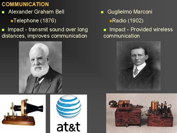 COMMUNICATION n Alexander Graham Bell n. Telephone (1876) Impact - transmit sound over long