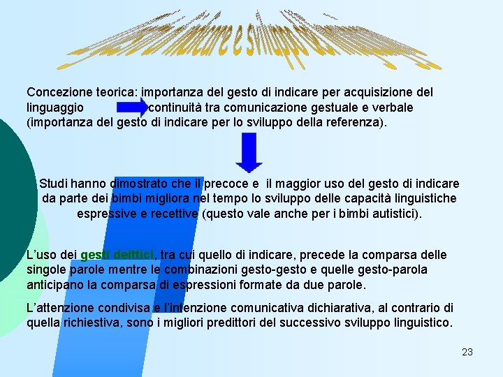 Concezione teorica: importanza del gesto di indicare per acquisizione del linguaggio continuità tra comunicazione