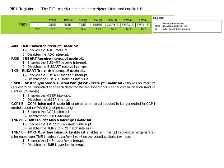 PIE 1 Register The PIE 1 register contains the peripheral interrupt enable bits. ADIE PIE 1 Register The PIE 1 register contains the peripheral interrupt enable bits. ADIE