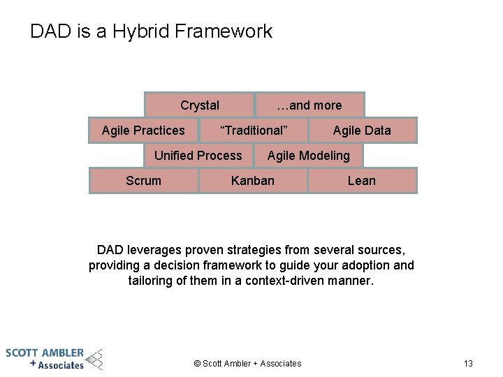 DAD is a Hybrid Framework Crystal Agile Practices …and more “Traditional” Unified Process Scrum