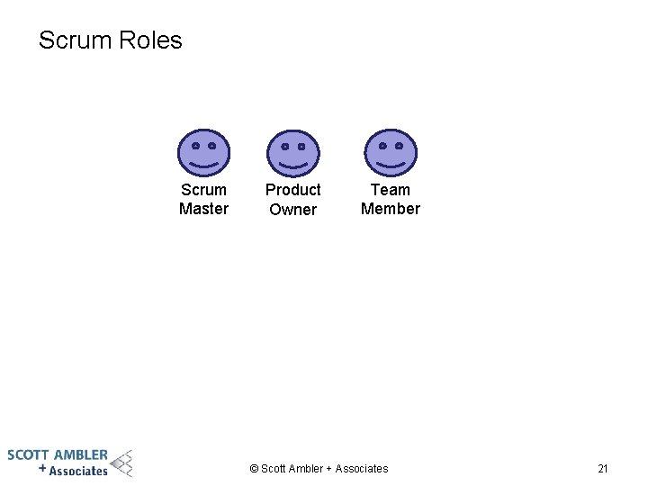 Scrum Roles Scrum Master Product Owner Team Member © Scott Ambler + Associates 21