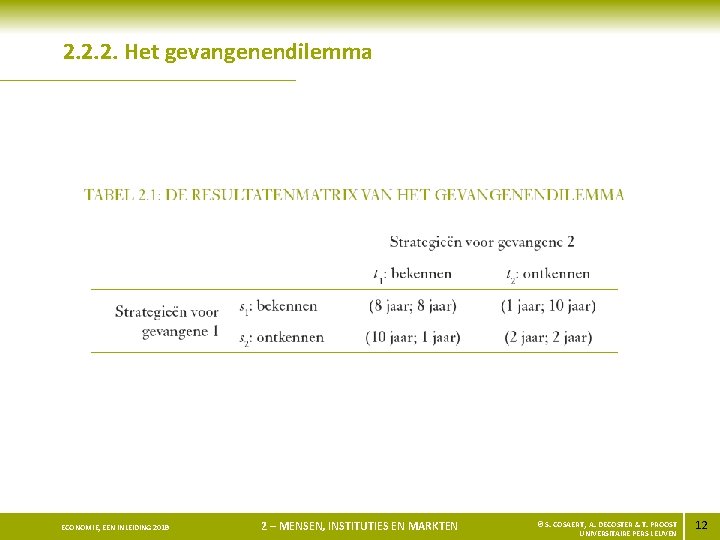 2. 2. 2. Het gevangenendilemma ECONOMIE, EEN INLEIDING 2010 2013 2 – MENSEN, INSTITUTIES