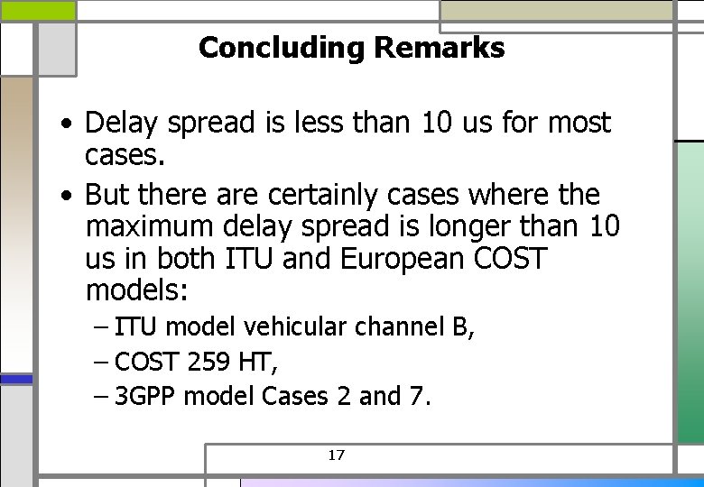 Concluding Remarks • Delay spread is less than 10 us for most cases. •