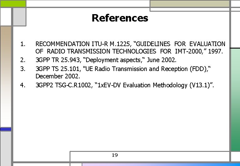 References 1. 2. 3. 4. RECOMMENDATION ITU-R M. 1225, “GUIDELINES FOR EVALUATION OF RADIO