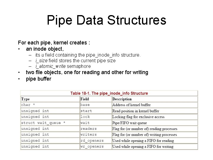 Pipe Data Structures For each pipe, kernel creates : • an inode object, –