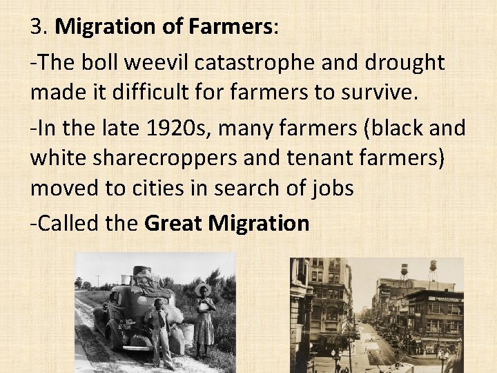 3. Migration of Farmers: -The boll weevil catastrophe and drought made it difficult for