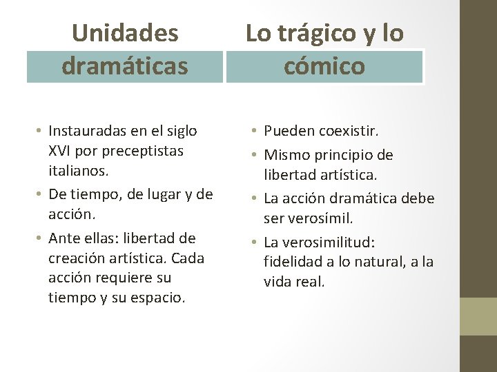 Unidades dramáticas • Instauradas en el siglo XVI por preceptistas italianos. • De tiempo,