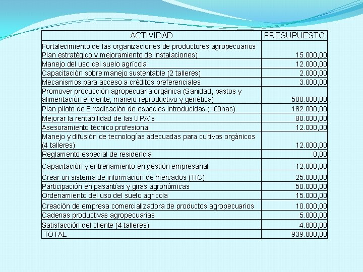 ACTIVIDAD Fortalecimiento de las organizaciones de productores agropecuarios Plan estratégico y mejoramiento de instalaciones)