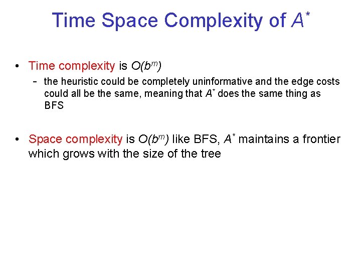 Time Space Complexity of A* • Time complexity is O(bm) - the heuristic could Time Space Complexity of A* • Time complexity is O(bm) - the heuristic could