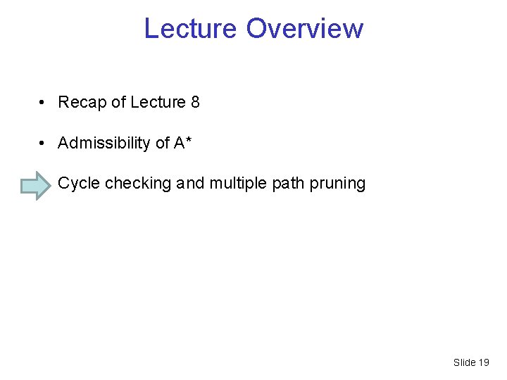 Lecture Overview • Recap of Lecture 8 • Admissibility of A* • Cycle checking Lecture Overview • Recap of Lecture 8 • Admissibility of A* • Cycle checking