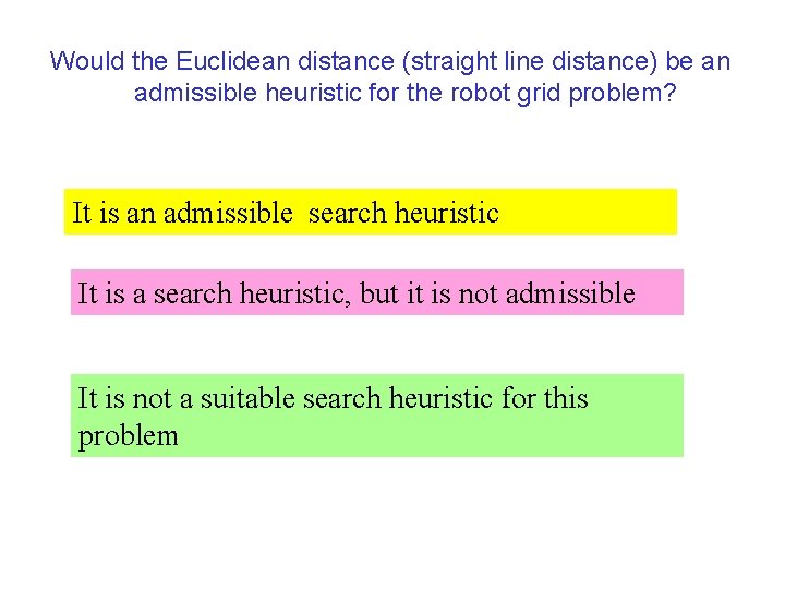 Would the Euclidean distance (straight line distance) be an admissible heuristic for the robot Would the Euclidean distance (straight line distance) be an admissible heuristic for the robot