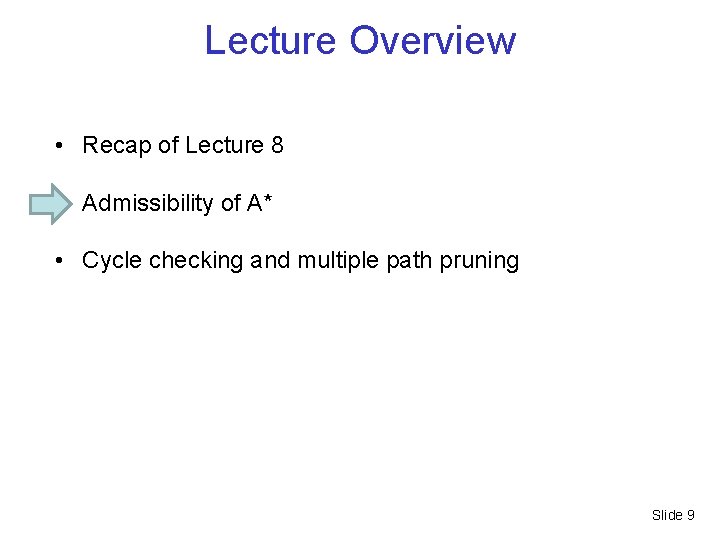 Lecture Overview • Recap of Lecture 8 • Admissibility of A* • Cycle checking Lecture Overview • Recap of Lecture 8 • Admissibility of A* • Cycle checking