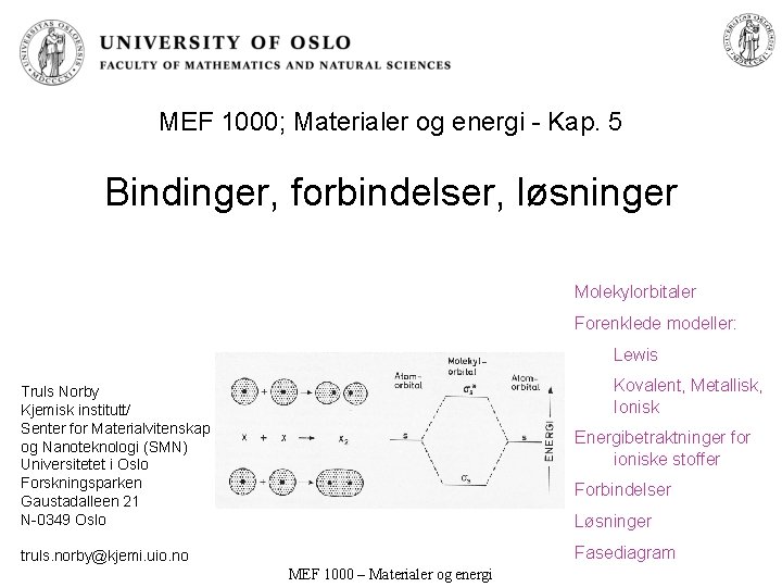 MEF 1000; Materialer og energi - Kap. 5 Bindinger, forbindelser, løsninger Molekylorbitaler Forenklede modeller: