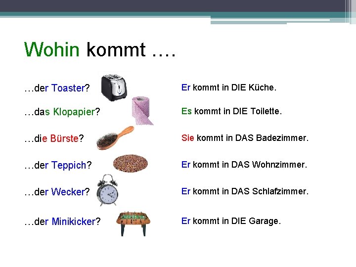 Wohin kommt …. …der Toaster? Er kommt in DIE Küche. …das Klopapier? Es kommt