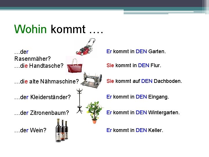 Wohin kommt …. …der Rasenmäher? …die Handtasche? Er kommt in DEN Garten. …die alte