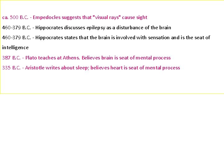 ca. 500 B. C. - Empedocles suggests that "visual rays" cause sight 460 -379