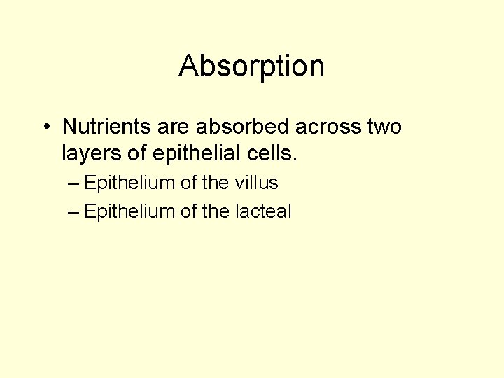 Absorption • Nutrients are absorbed across two layers of epithelial cells. – Epithelium of