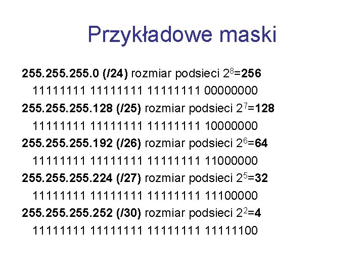 Przykładowe maski 255. 0 (/24) rozmiar podsieci 28=256 11111111 0000 255. 128 (/25) rozmiar