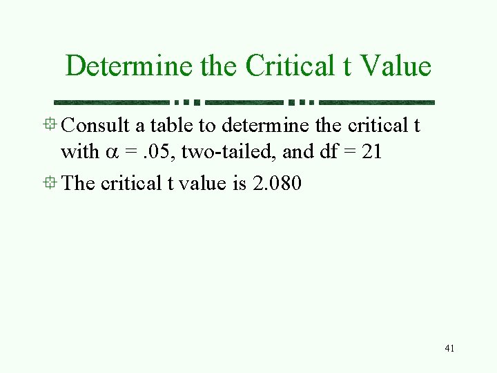 Determine the Critical t Value Consult a table to determine the critical t with